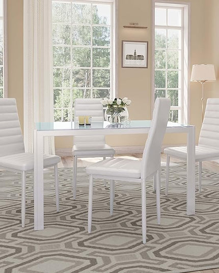 Gizoon 5 Piece Glass Dining Table Set, Kitchen and Chairs for 4, PU Leather Modern Room Sets for Home, Kitchen, Living Room