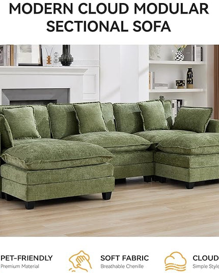 111'' Sectional Cloud Deep Seat Couch, Oversized Chenille U Shaped Sectional Sofa for Living Room Set, Comfy Upholstered Modular 3-Seats Sectional Sofa Couch with 2 Movable Ottoman, Green