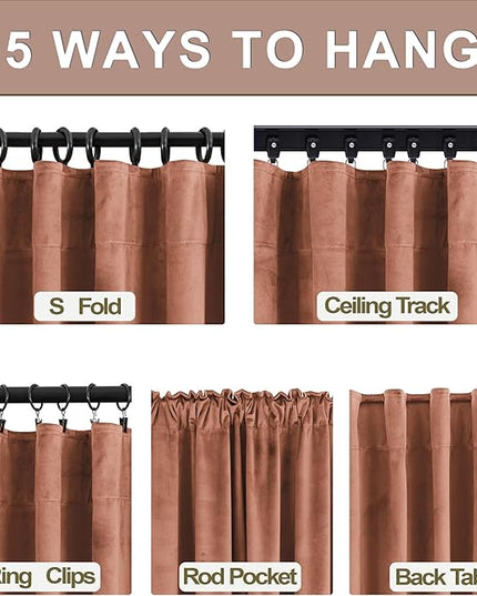 KOUFALL 90 Inch Cinnamon Velvet Blackout Curtains, Vintage Luxury Pleated Thermal Insulated Black Out Curtain for Bedroom Living Room, Wide 52x90 in Long, 2 Panel Set