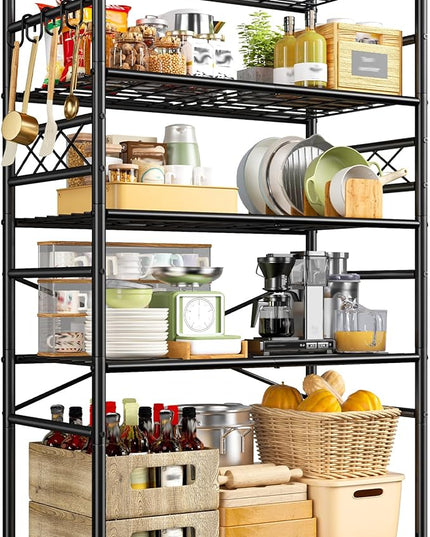 Storage Shelves 5-Tier Large Capacity Metal Shelving with Hooks, Heavy Duty Garage Shelving Unit with Leveling Feet, Stable Metal Shelves for Pantry, Kitchen and Closet, 72" H x 36" W x 12" D, Black
