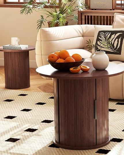 COSVALVE Round Wood Coffee Table 23.6IN with Hidden Storage & Sliding Door, Circle Farmhouse Side Table Sets for Living Room, Bedroom, Balcony, Small Spaces, Walnut