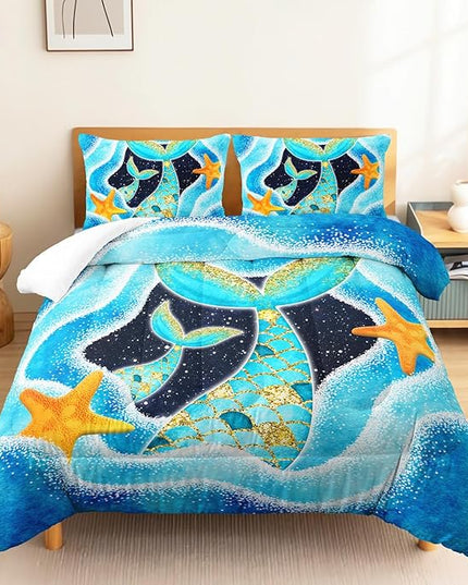 Mermaid Comforter Set Twin Size,3 Piece Mermaid Tail Bedding Set for Girls Kids Blue and Gold Teal Ocean Mermaid Fish Scales Starfish Bedding Quilt Set for Girls Kids Bedroom