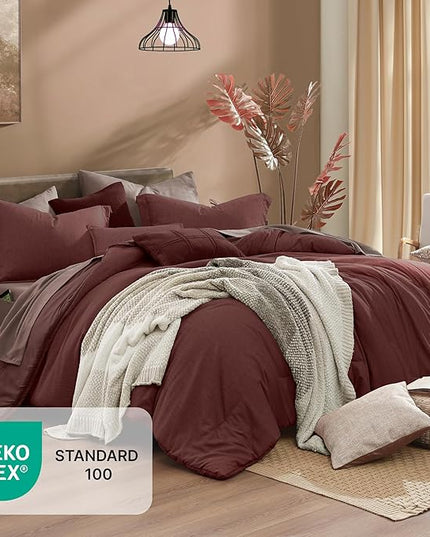 Monbix Full Size Comforter Set, Dark Red Bedding Comforter for Full Size Bed Set Reversible, Bedding Sets Full 7 Pieces, Cationic Dyeing Bed in a Bag with Comforter, Sheets, Pillowcases & Shams