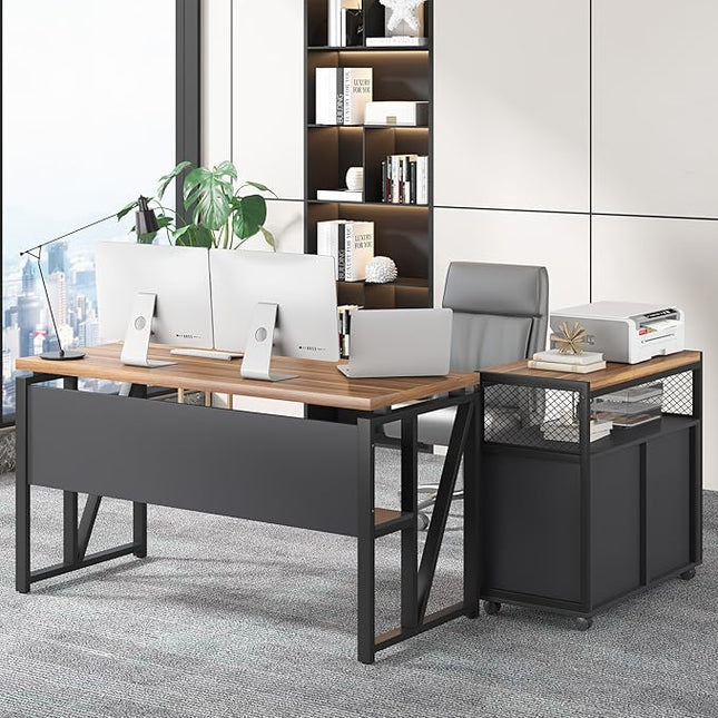 Tribesigns 55" Executive Desk with Reversible File Cabinet, Large L-Shaped Office Desk with Drawers, Business Furniture Workstation for Home Office (Dark Walnut, 55-inch)