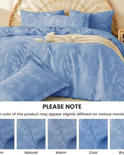 MUXHOMO Ice Blue Bed in a Bag Queen 7 Pieces, Queen Comforter Set Reversible Botanical Flowers Design, Ultra Soft & Breathable Bedding Sets with Comforter, Sheets, Pillowcases & Shams