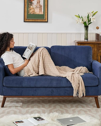 Tbfit Corduroy Couch for Living Room, Mid Century Modern Sofa with Spring Cusions for Bedroom,Comfy Upholstered Couches Easy Assembly with Solid Wood Legs & 2 Pillows (Blue, 65inch)