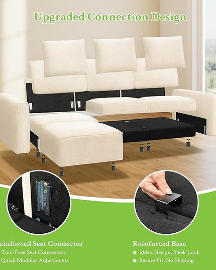 132" Sectional Couch, Locked-in Modular Sectional Sofa, Wood Frame Couches for Living Room, 22" Deep Seat U Shaped Couch with Ottoman Chenille Cloud Sofa Tool-Free Setup Sofas for Living Room