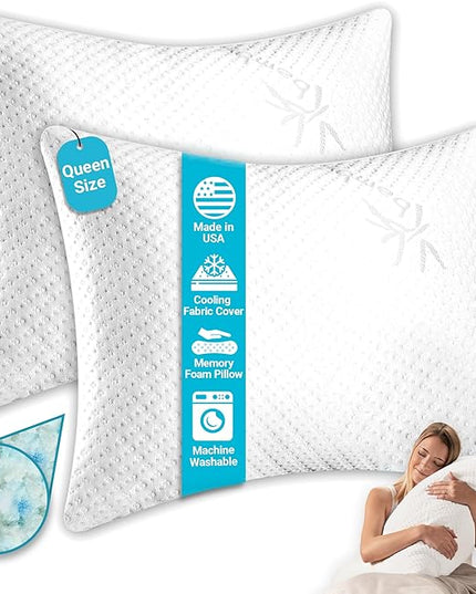 Xtreme Comforts 2-Pack Memory Foam Pillows Made in The USA - Queen Size, Slim Cooling Pillow for Sleeping on Side, Back & Stomach - Firm and Soft Bed Pillows