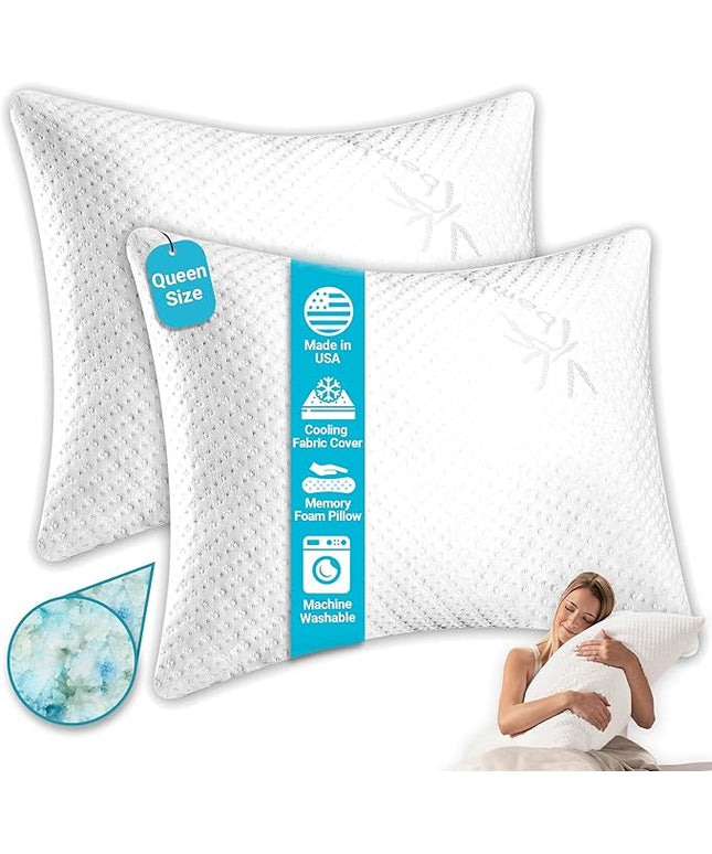 Xtreme Comforts 2-Pack Memory Foam Pillows Made in The USA - Queen Size, Slim Cooling Pillow for Sleeping on Side, Back & Stomach - Firm and Soft Bed Pillows