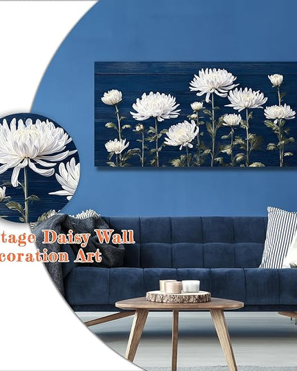 HUADAOART Canvas Art White Chrysanthemum Wall Decor Navy Blue Background 48 x 24 inches Contemporary Living Room Decor