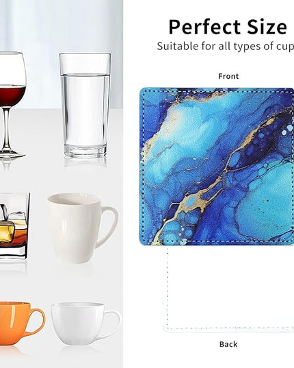 Marble Coasters Square Leather Drinks Coaster Set with Holder for Coffee Table Bar Home Decor 4 Inches Set of 6 (Marble, One Size)