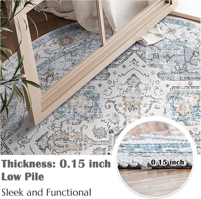 jinchan Round Rug 8ft Area Rug - Machine Washable 8'Circle Vintage Floral Non-Slip with Rubber Backing Ultra-Thin Low-Pile Carpet for Bedroom Living Room Dining Room Entryway (8'Round, Grey/Blue)