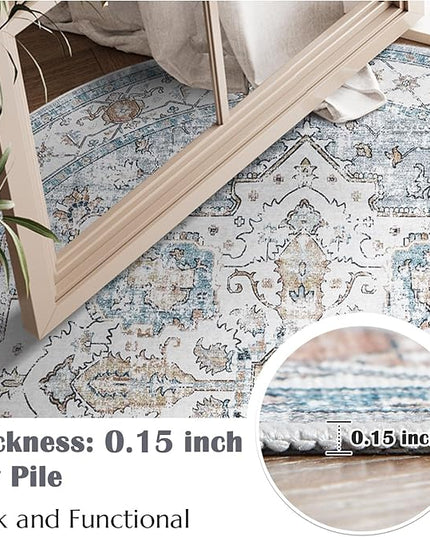 jinchan Round Rug 4ft Area Rug - Machine Washable 4'Circle Vintage Floral Non-Slip with Rubber Backing Ultra-Thin Low-Pile Carpet for Living Room Dining Room Entryway (4'Round, Grey/Blue)