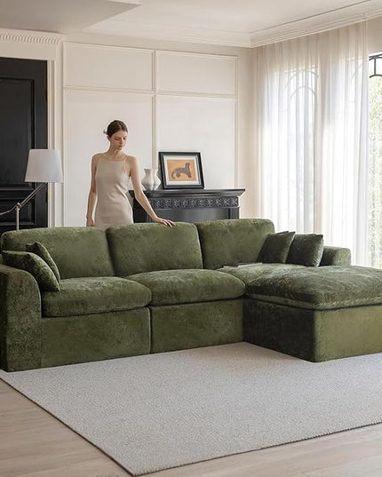 115''Cloud Sectional Couch, Modern L-Shape Sofa with Ottoman, Oversized Convertible 3 Seater Modular Couches for Living Room, Forest Green