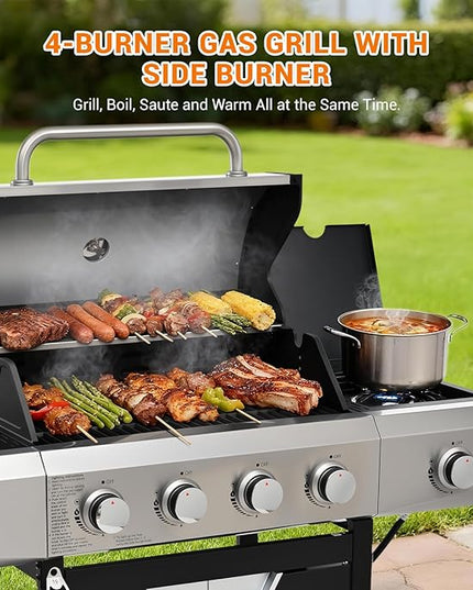 Upgraded 51,000 BTU Stainless Steel Burner Barbecue Grill, 4 Burner BBQ Propane Gas Grill with Side Burner, 452 sq.in Cooking Area with Porcelain for Patio, Camping, Outdoor Cooking
