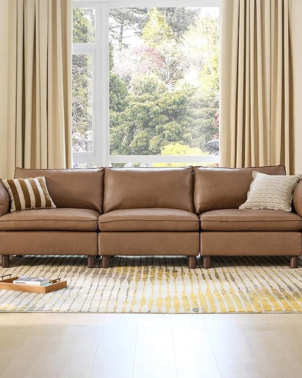 CHITA 127" Super Large Sectional Couches for Living Room, Modular Cloud Couch Sectional Sofa, Premium Genuine Leather Sofa, Down Filled, High Density Foam, Real Leather in Saddle, 3 Seater