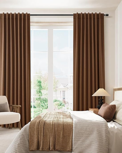 Guken 100% Blackout Linen Curtains 108 Inch Length 2 Panels Set for Living Room Bedroom Back Tab Thermal Insulated Black Out Linen Drapes Room Darkening Window Curtains,Caramel Brown
