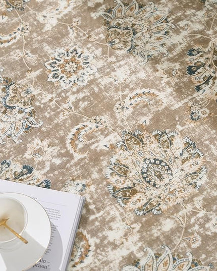 jinchan Fiora Round Rug 5ft Area Rug - Indoor Vintage Hallway Circle 5' Washable - Ultra-Thin Low Pile Soft Small Non Slip Distressed Floral Print for Living Room Dining Room Bedroom Entryway Taupe