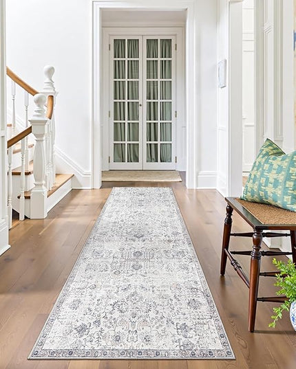 jinchan Kalen Runner Rug 2x10 Washable Hallway Rug Vintage Indoor Thin Retro Floor Cover Distressed Gray Floral Country Lightweight Non Slip Carpet for Entryway Bathroom Bedroom Living Room Grey