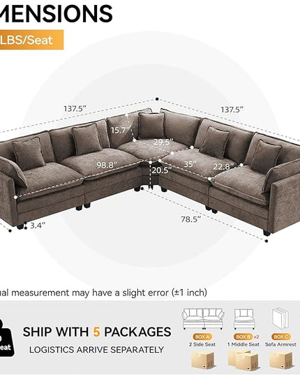 137'' V Shaped Cloud Sectional Sofa, Oversized Deep Seat Couches for Living Room, Chenille Comfy Upholstered Modular Sectional Sofa Couch, Brown