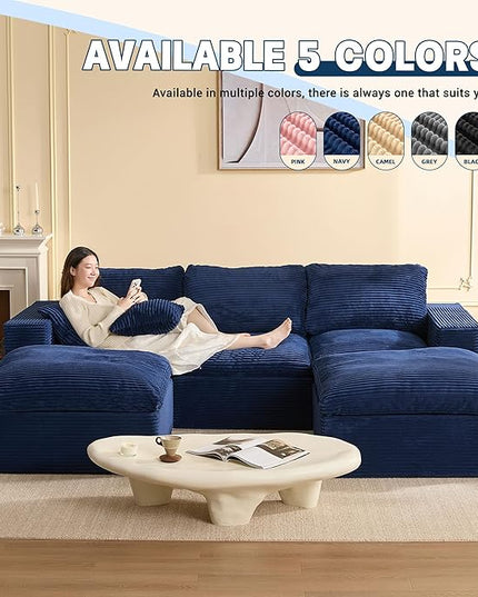 106.3” Sectional Couches for Living Room, Cloud Couch, Modular Sectional Sofa, Convertible Sofas Bed, Deep Seat Sofa, U Shaped Cozy Sofa Furniture Set, Corduroy, Blue