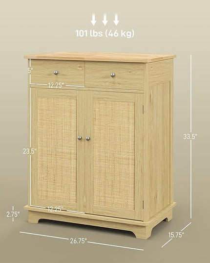 HOMCOM Sideboard with Solid Wood Countertop, Modern Kitchen Storage Cabinet, Coffee Bar Cabinet with 2 Drawers, Doors and Adjustable Shelf, Natural Rattan