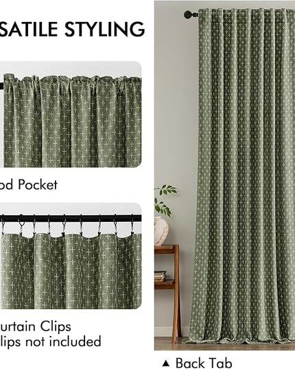 MIULEE Decorative Back Tab Linen Curtains with Geometric Pattern for Living Room Bedroom Farmhouse Rustic Thick Woven Textured Patterned Mudcloth Drapes 96 Inches Long 2 Panels Set, Olive Green