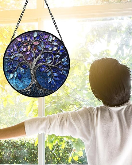 Stained Glass Window Hanging, Blue Purple Tree of Life Sun Catchers Colorful Glass Panel Plants Suncatcher Decor for Birthday for Women,Men,Wife, Lovers, and Mom 9.8 in