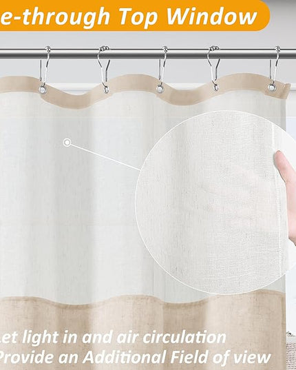 Naturoom Natural Linen Shower Curtain with Snap in Liner Set Rustic Farmhouse Shower Curtains for Bathroom 200GSM Textured Cream Burlap Cloth Double Bath Curtains with See Through Top Window 72x84