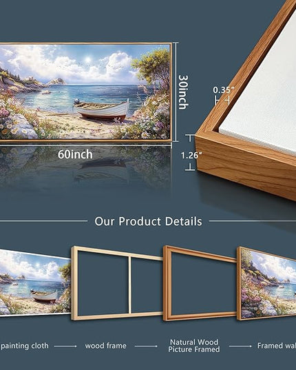 Wood Farmed Canvas Wall Art For Living Room Large Wall Decor For Office Bedroom Decorations The Sea Boat Landscape Pictures Farmhouse Painting Artwork Room Wall Mural Aesthetic Home Decor 30x60 In