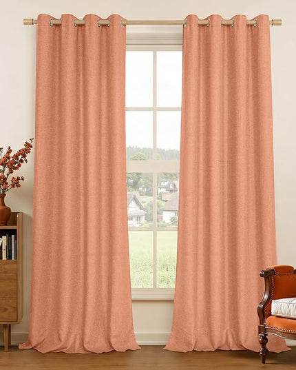 LAMIT Terracotta Linen Curtains 90 Inch Long for Bedroom, Grommet Light Filtering Thick Boho Curtains Thermal Insulated Window Treatment Drapes for Living Room, Set of 2 Panels, W52 x L90