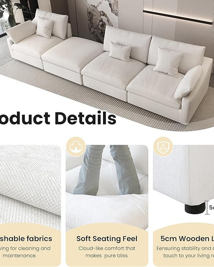 Cloud Couch Modular Sectional Sofa,156" L Shaped Couch, Oversized Down Filled Convertible Wide Seater,4 Seater with Ottoman for Living Room Set, Covers Washable&Replaceable,White