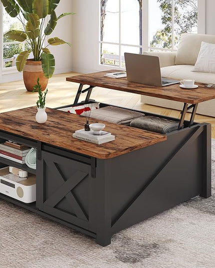 SEDETA 31.5" Lift Top Coffee Table with Storage, Square Coffee Tables for Living Room, Farmhouse Coffee Table with Large Hidden Storage Compartment and Adjustable Shelves, Black