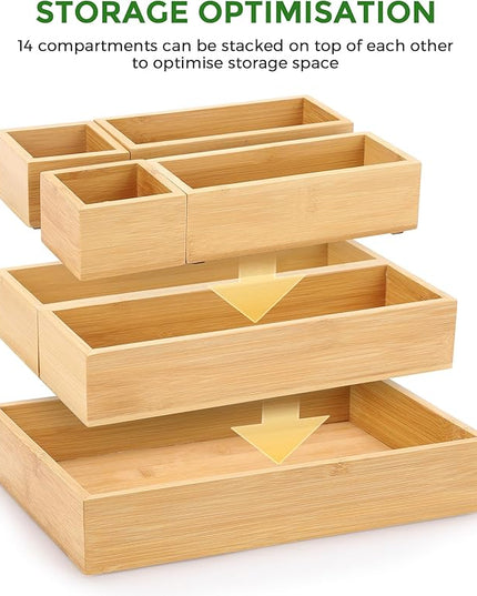 Bamboo Drawer Organizer Set, 14 PCS Multi-Use Individual Wood Storage Organizers, Junk Drawer Divider and Storage Trays Containers for Kitchen, Bathroom, Office Desk, Makeup, Jewelry, Utensils