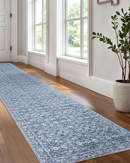 2x12 Runner Washable Rug for Kitchen, Blue Soft Classic Runner with Non-Slip, Non-Shedding Distressed Floral Rug for Hallways Entryway Bedroom Bathroom Laundry Indoor