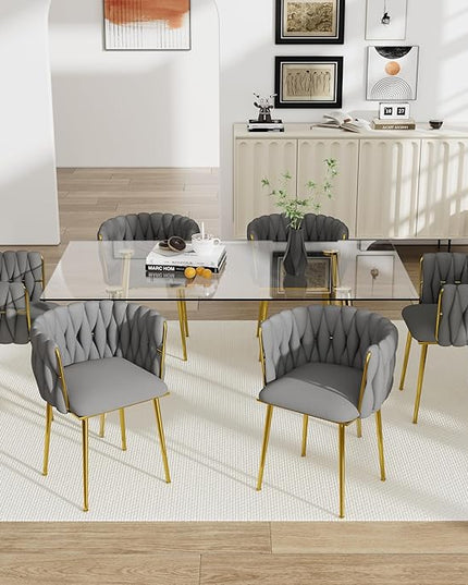 Gold Glass Dining Room Table Set for 6, 63'' Modern Luxury Rectangular Dinner Table Set, 7 Pieces Clear Glass Top Minimalist Kitchen Table Set, Grey Woven Dining Chair for Home Large Place