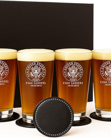 Personalized Military Gift Sets - Custom Engraved Decanter & 4 Scotch Glasses - Army, Navy, Air Force, Coast Guard - Active Duty & Veterans (Pint Glass Set)