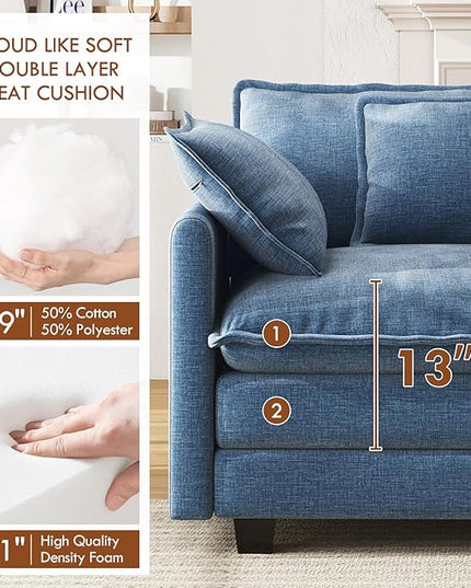 WorthFurni 111.4” Cloud Couch, Modular Sectional Sofa, Comfy Modern 3-Seater Couches with Pillows & Upholstered Deep Seat Cushion for Living Room Apartment Bedroom (Blue)