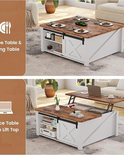 SEDETA 31.5" Lift Top Coffee Table with Storage, Square Coffee Tables for Living Room, Farmhouse Coffee Table with Large Hidden Storage Compartment and Adjustable Shelves, White