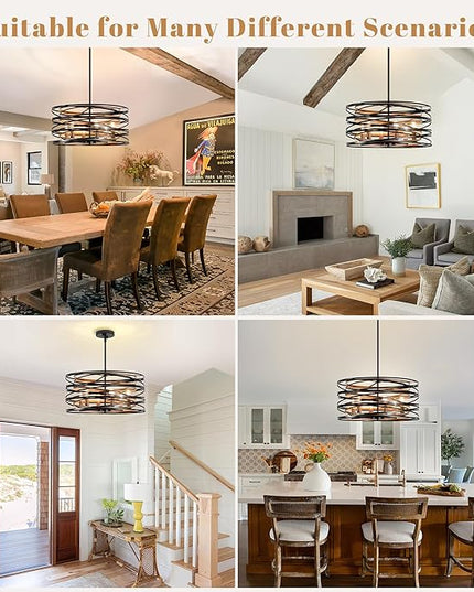 Farmhouse Chandeliers for Dining Room, 5-Light Spiral Drum Large Pendant Lights Rustic Black Chandelier 19.7" Wood Grain Dining Room Light Fixture Metal Chandelier for Foyer Entryway Kitchen Bedroom