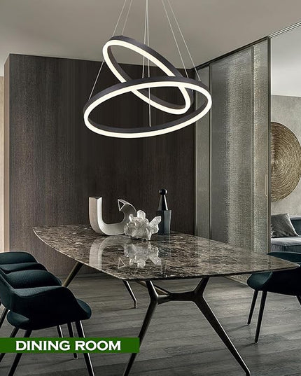 2-Rings Modern LED Chandelier Black for Dining Room, Circular Flush Mount Ceiling Chandelier Light Dimmable Pendant Light with Remote Control for Living Room Entrance Foyer, 3000K-6500K