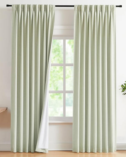 Vision Home Soft Green Pinch Pleated Full Blackout Curtains Linen Blended Room Darkening Curtain Panels 102 inch for Living Room Bedroom Thermal Insulated Pinch Pleat Drapes with Hooks 40" Wx102 Lx2