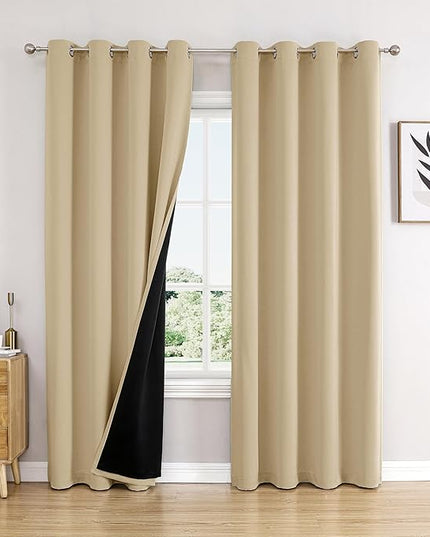 ChrisDowa 100% Blackout Curtains 108 inch Long for Bedroom with Black Liner, 2 Thick Layers Total Blackout Thermal Insulated Grommet Window Curtains 2 Panels Set (Beige, 52 x 108 Inch)