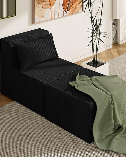 Minimalist Modular Corduroy Cloud Couch Sectional – Oversized Boneless Memory Foam Sofa for Living Room, Modern Comfy Couch, No Assembly Needed (Chaise Lounge, Black)