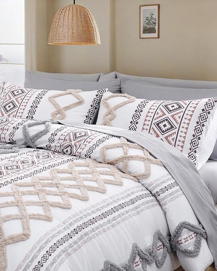 MOVE OVER Beige and Gray Tufted Comforter Set King Size 5 Pieces Farmhouse Bedding Set 100% Soft Microfiber Boho Aztec Bedroom Comforter Set Modern Style Ethnic Boho Tufted Bed Set for All Seasons