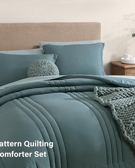 Monbix California King Size Comforter Set - 7 Pieces Bed in a Bag California King, Blue Green Bedding Sets, All Seasons Comforter Bed Set with Sheets, Pillowcases & Shams