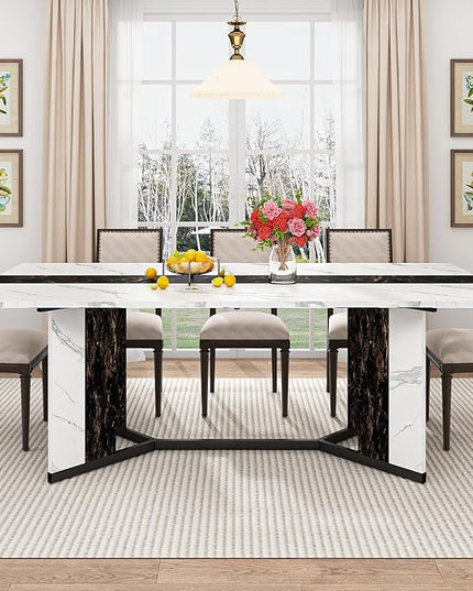 71 inch Dining Table for 4 5 6 | Modern White&Black Rectangular Kitchen Table W/Waterproof Wood Tabletop,Farmhouse Long Dining Room Tables W/Adjustable Legs&Wood Strip Base for Kitchen Living Room