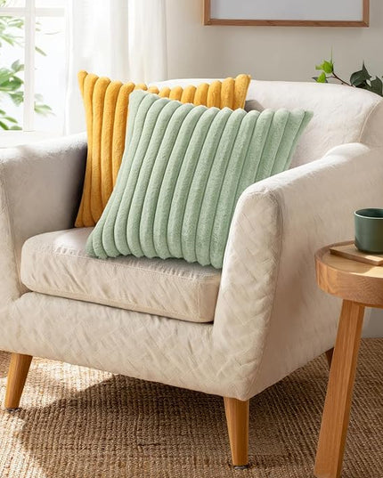 Pallene Faux Fur Plush Throw Pillow Covers 18x18 Set of 2, Luxury Soft Fluffy Striped Decorative Pillow Covers for Sofa, Couch, Living Room, Sage Green