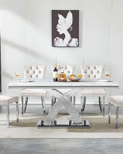 68" Faux Marble White Dining Table for 6-8, Modern Dining Room Table with 0.71" Marble Printing MDF Top and X-Shaped Silver Stainless Steel Base, Rectangle Kitchen Dinner Table