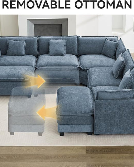 137'' V Shaped Cloud Sectional Sofa, Oversized Deep Seat Couches for Living Room, Chenille Comfy Upholstered Modular Sectional Sofa Couch with 2 Movable Ottoman, Blue